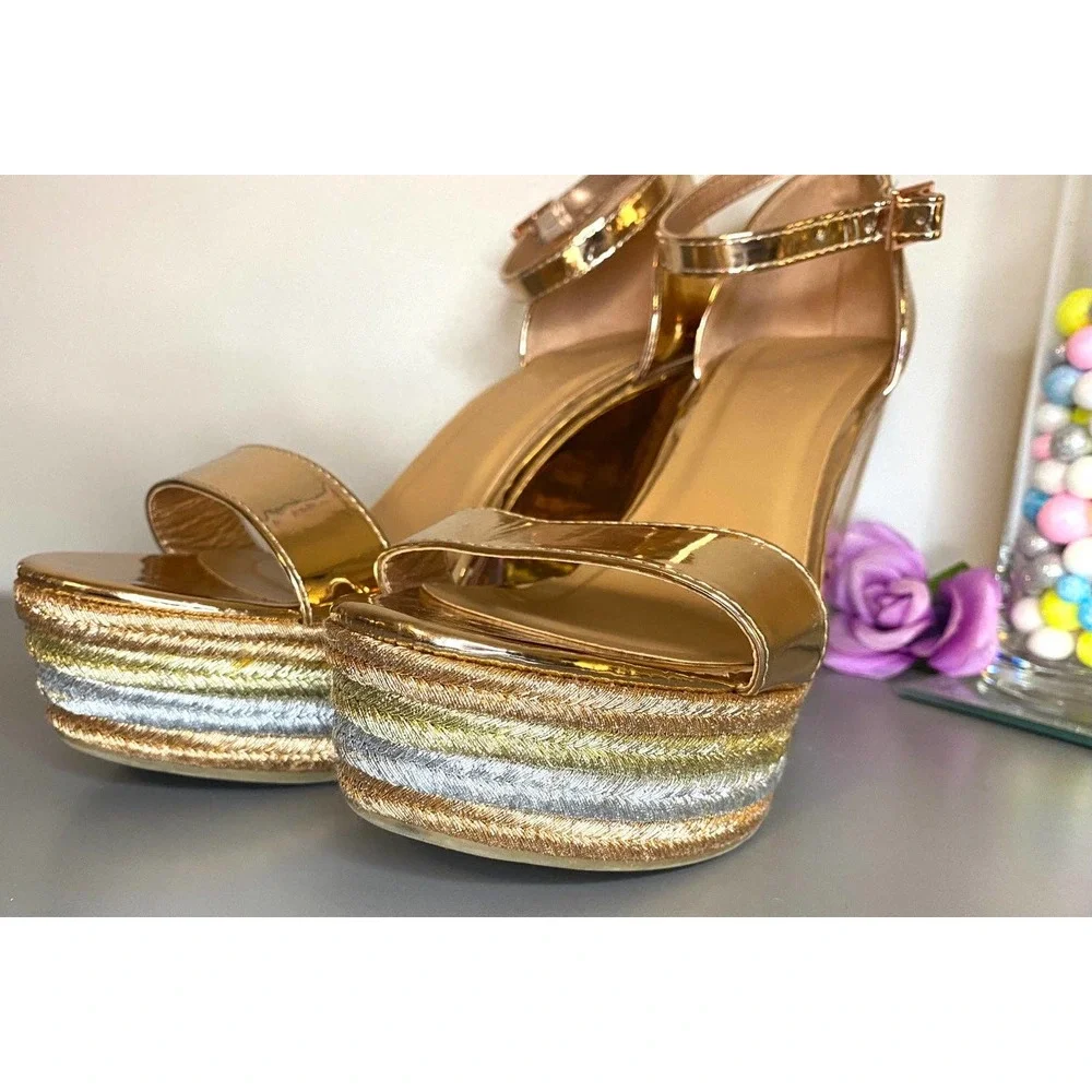 Bamboo Women Metallic Open Toe Striped Espadrille Platform Wedge Sandal SZ10 - Picture 5 of 6